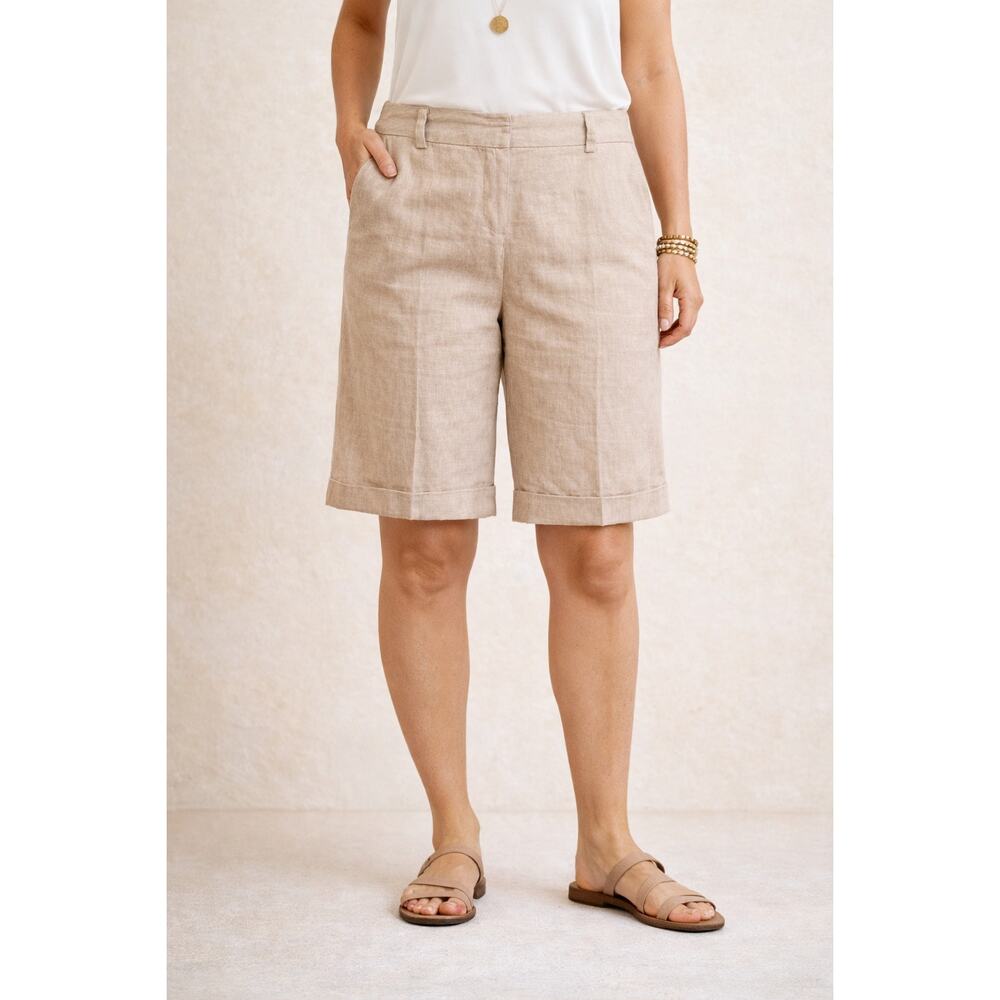 Trina Turk Linen Bermuda Shorts Tan Size 8 Preppy Tailored Old Money Safari